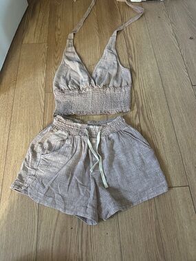 Women’s Two-Piece Lounge Set Halter Bralette & Shorts - Taupe